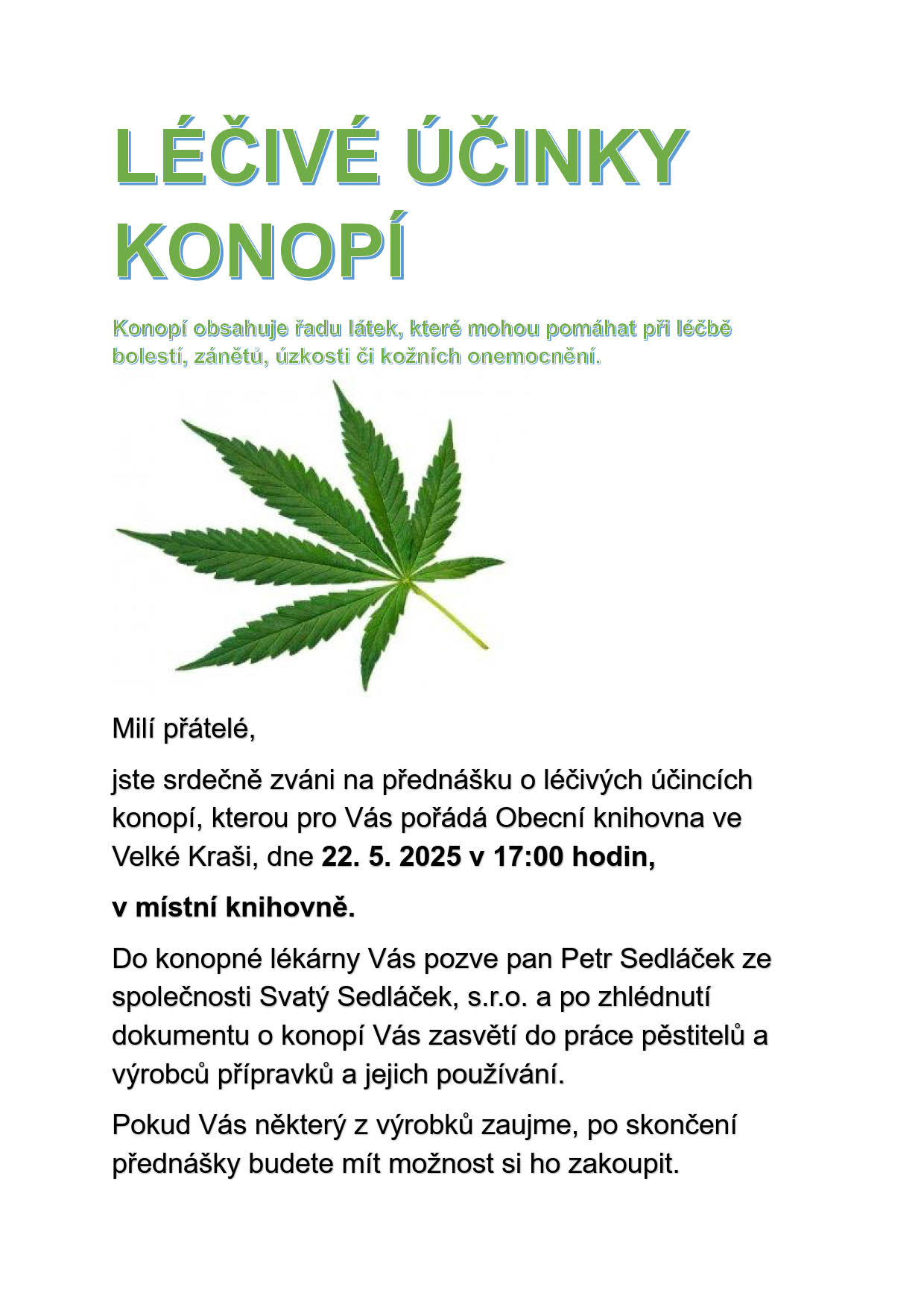 Léčivé účinky konopí-přednáška 22. května 2025