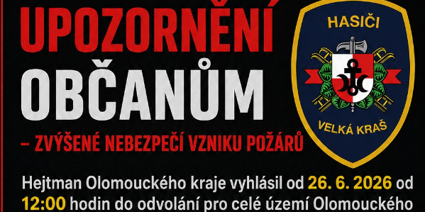 Upozornění občanům: zvýšené nebezpečí vzniku požárů